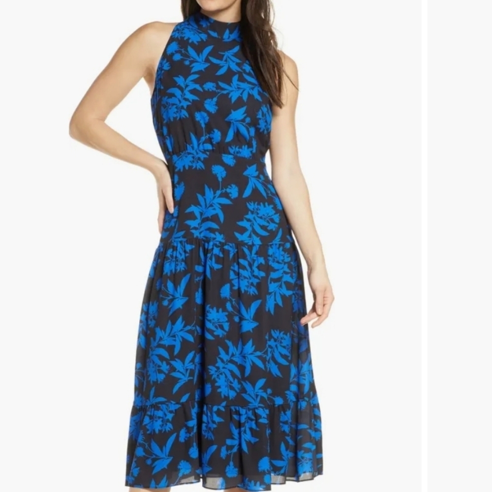Sam Edelman Floral Blue Tie-Neck Sleeveless Tiered Midi Dress. Size 10